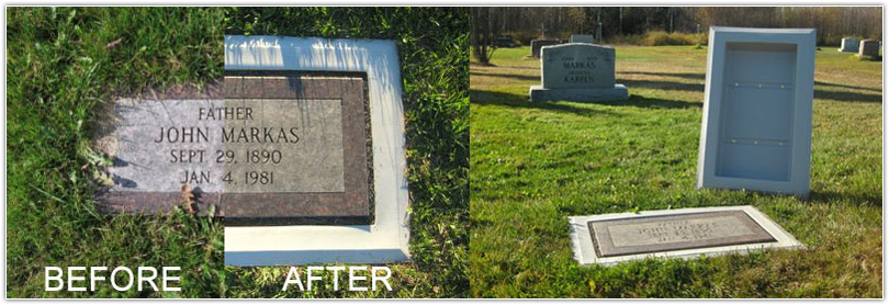 Before and After Grave Saver Monument Accessory is Installed.
